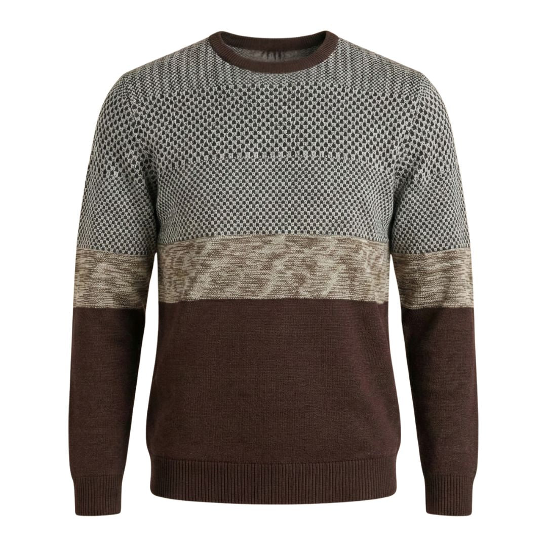 Sweater with a patterned top half and solid brown bottom half on a white background