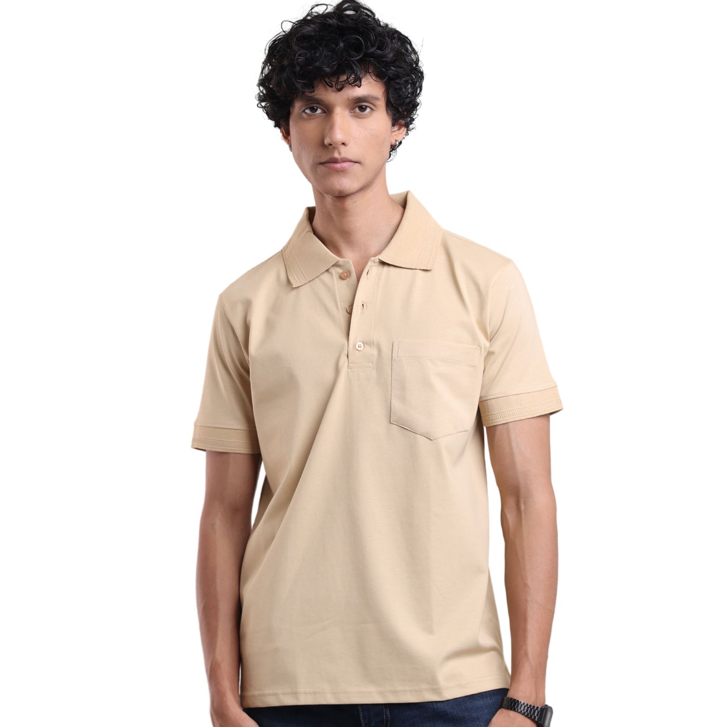 Men's crafted polo shirt for timeless comfort - premium everyday wear in Warm Sand colour | P3 India