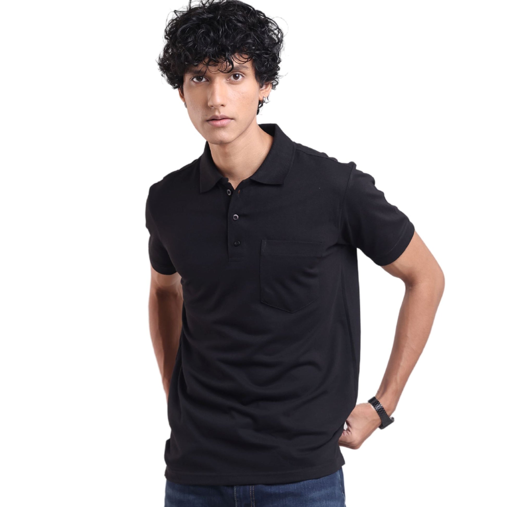 Men's breathable knit polo for gym and office - tropical essential - in jet black colour | P3 India