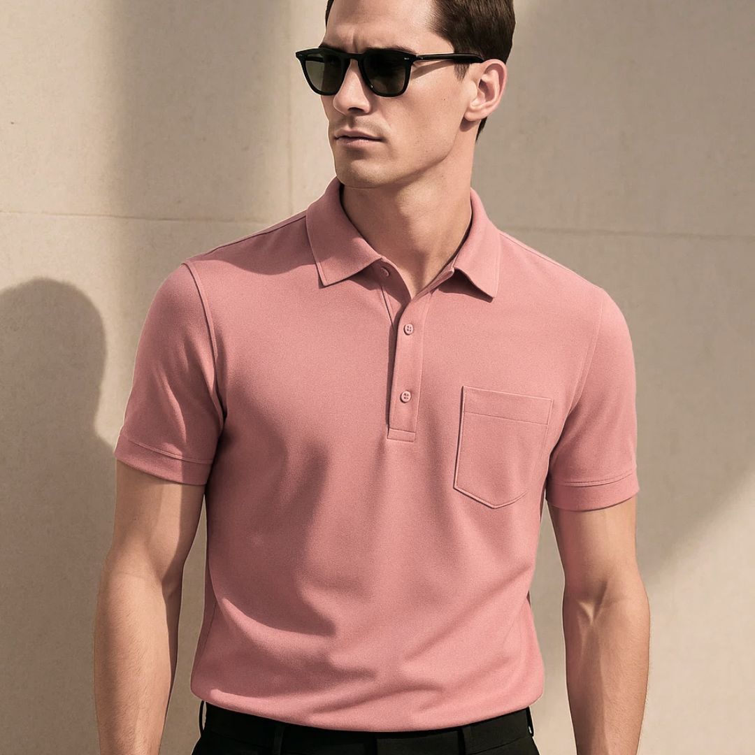 Man wearing a pink polo shirt and sunglasses against a beige wall