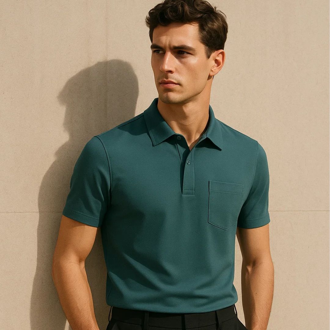 Man wearing a teal polo shirt against a beige wall