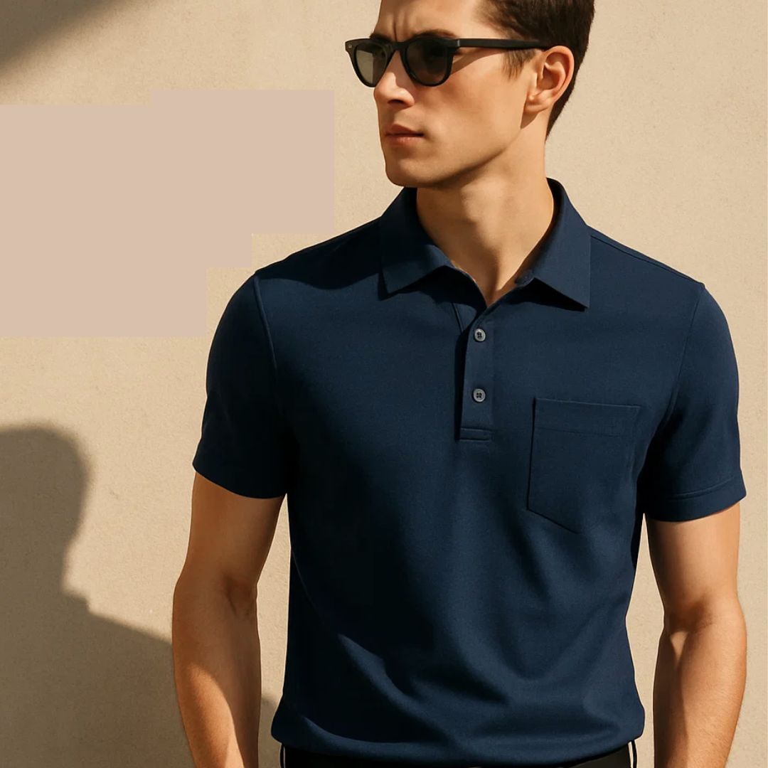 Man wearing a navy blue polo shirt against a beige background