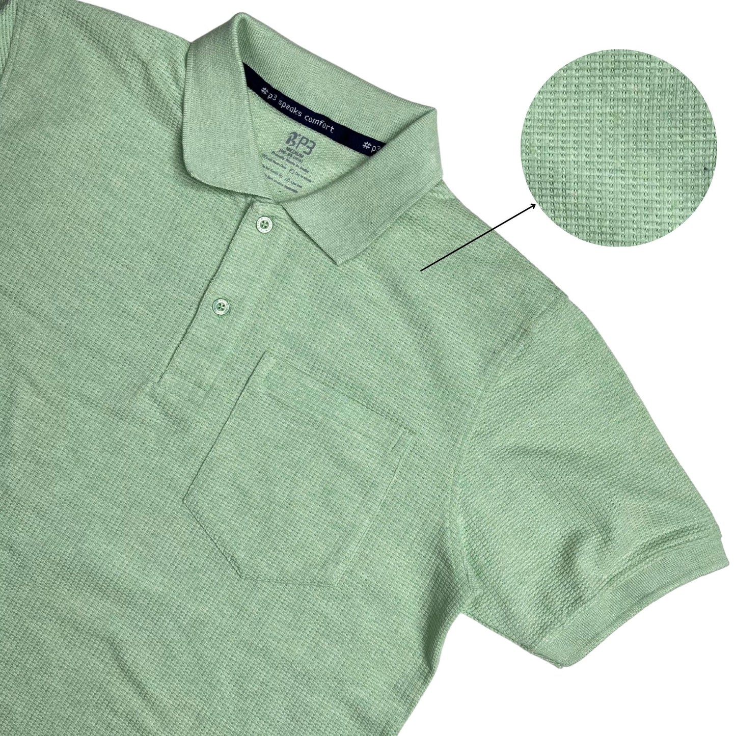 Waffle textured polo shirt for men with breathable cotton fabric in mint meadow colour.