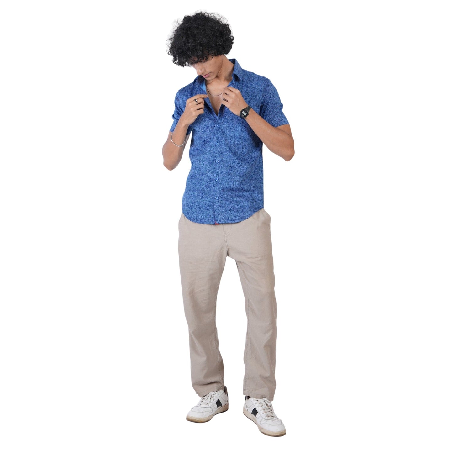 Men’s regular fit mercerised knit shirt in Denim Blue Colour ,breathable fabric for all-day wear,Formal casual shirt with half sleeves and shirt collar