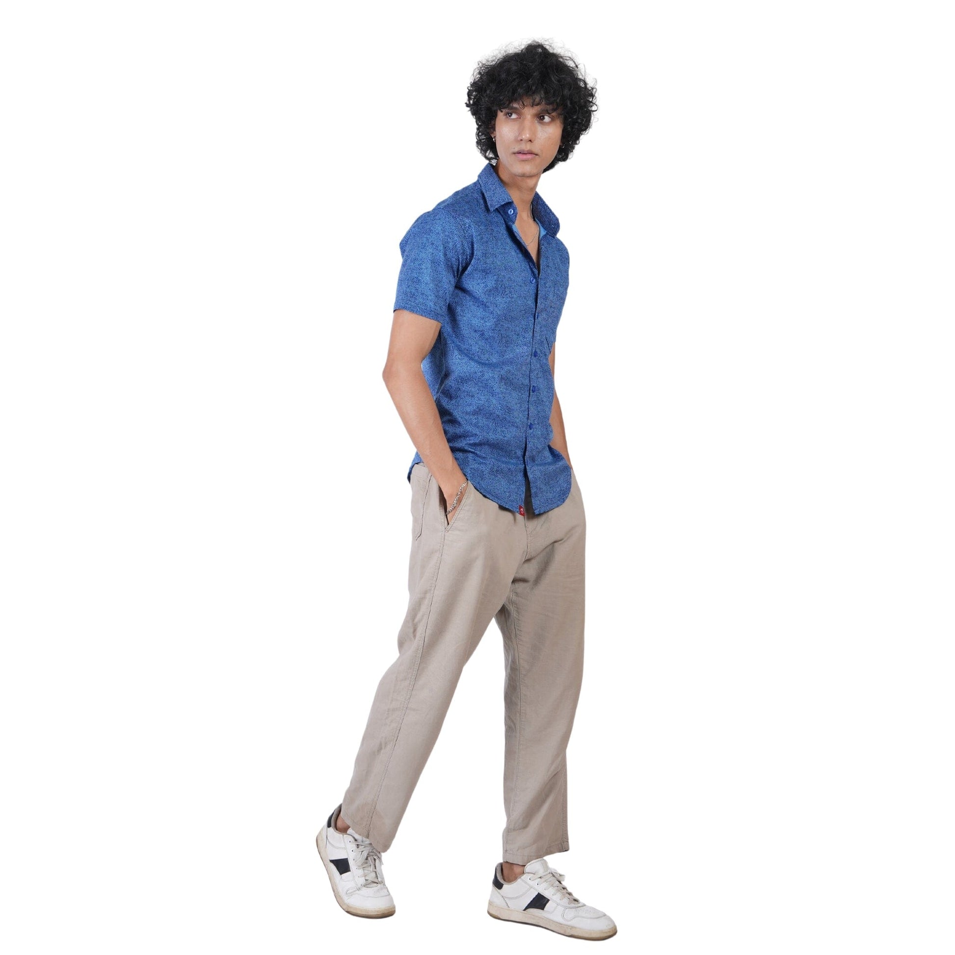 Men’s regular fit mercerised knit shirt in Denim Blue Colour ,breathable fabric for all-day wear,Formal casual shirt with half sleeves and shirt collar