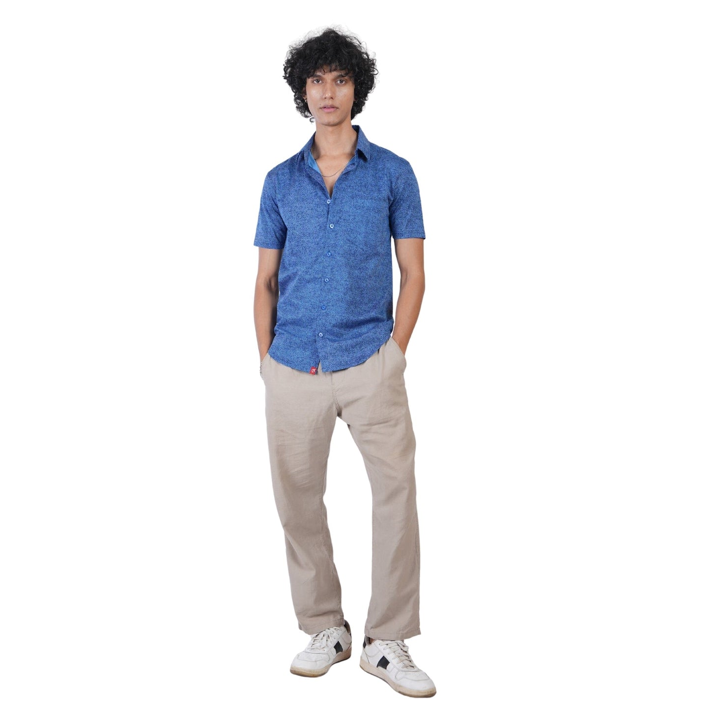 Men’s regular fit mercerised knit shirt in Denim Blue Colour ,breathable fabric for all-day wear,Formal casual shirt with half sleeves and shirt collar