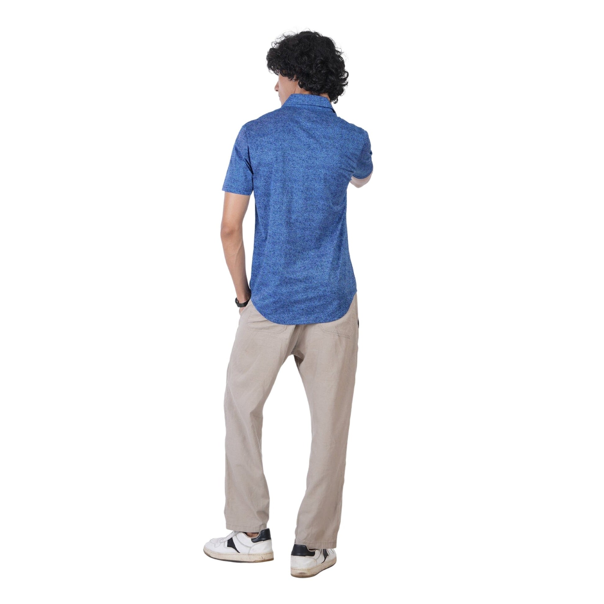 Men’s regular fit mercerised knit shirt in Denim Blue Colour ,breathable fabric for all-day wear,Formal casual shirt with half sleeves and shirt collar
