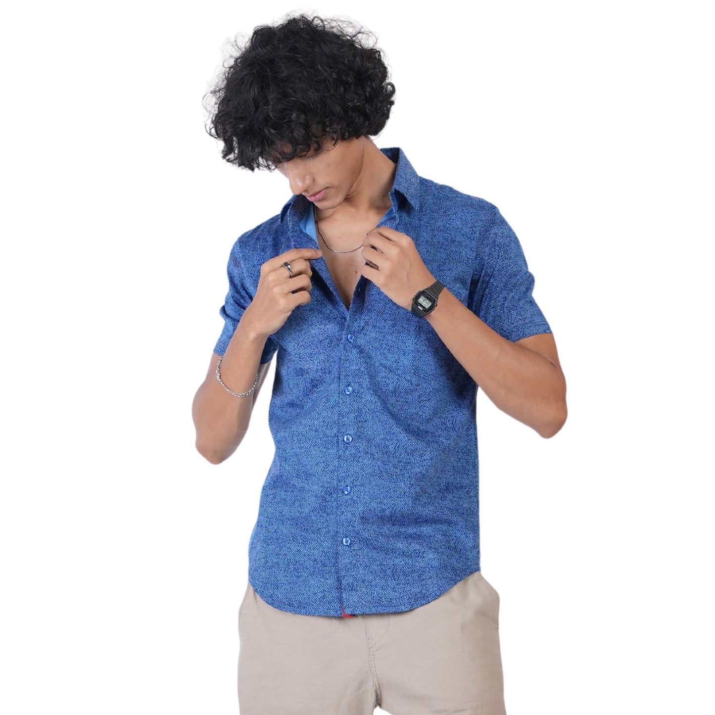 Men’s regular fit mercerised knit shirt in Denim Blue Colour ,breathable fabric for all-day wear,Formal casual shirt with half sleeves and shirt collar