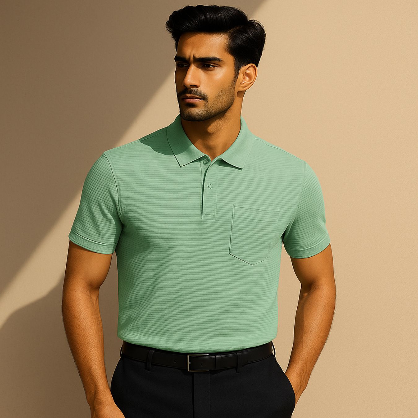 Man wearing a green polo shirt against a beige background