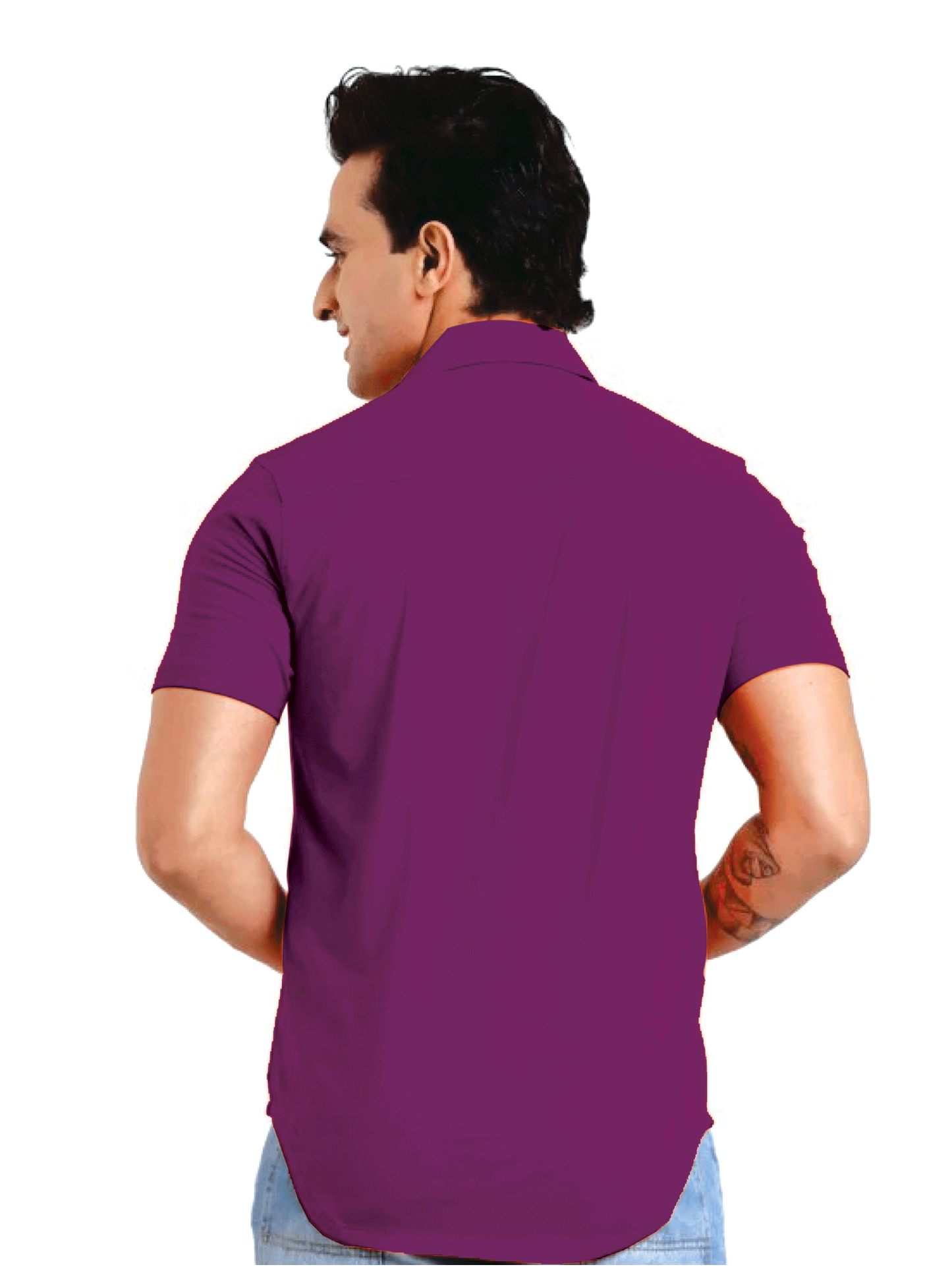 Back view of The Cordoba Knit Shirt in Violet Maroon color – breathable cotton spandex,Cordoba smart fit shirt, short sleeves, summer-friendly design,of lightweight stretch knit shirt for men