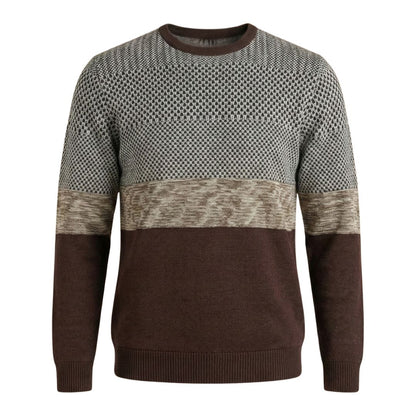 Sweater with a patterned top half and solid brown bottom half on a white background
