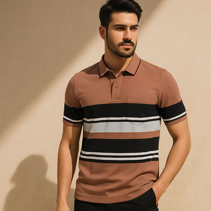Man wearing a brown striped polo shirt against a beige background