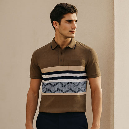 Man wearing a brown polo shirt with striped pattern against a beige background