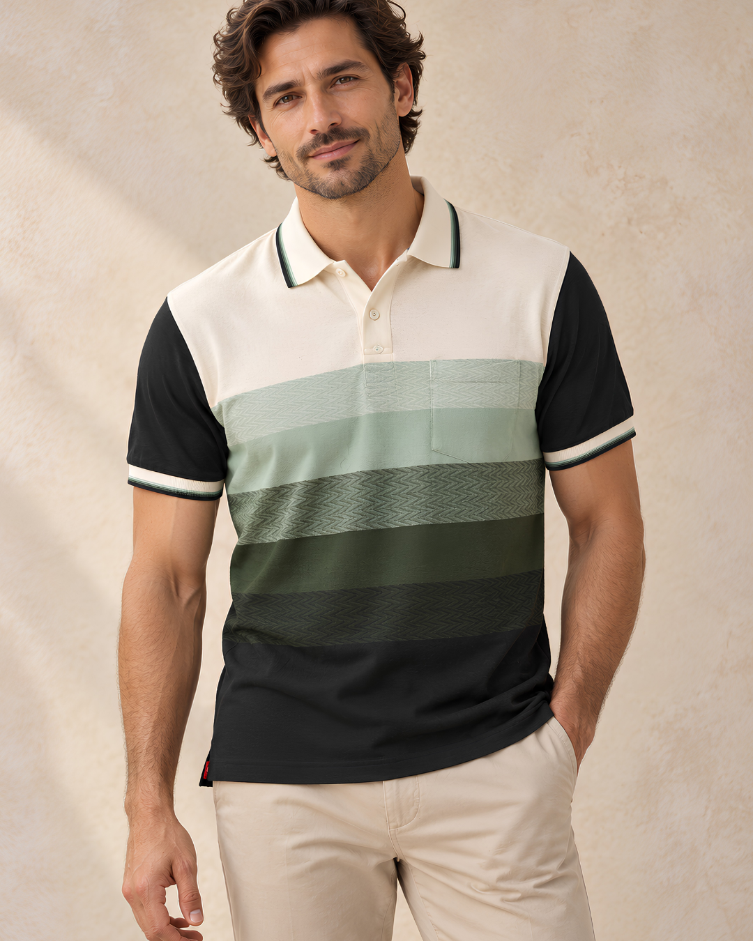 The Ombre Stripes Designer Polo in Forestry Green, front view with jacquard-textured ombre stripes