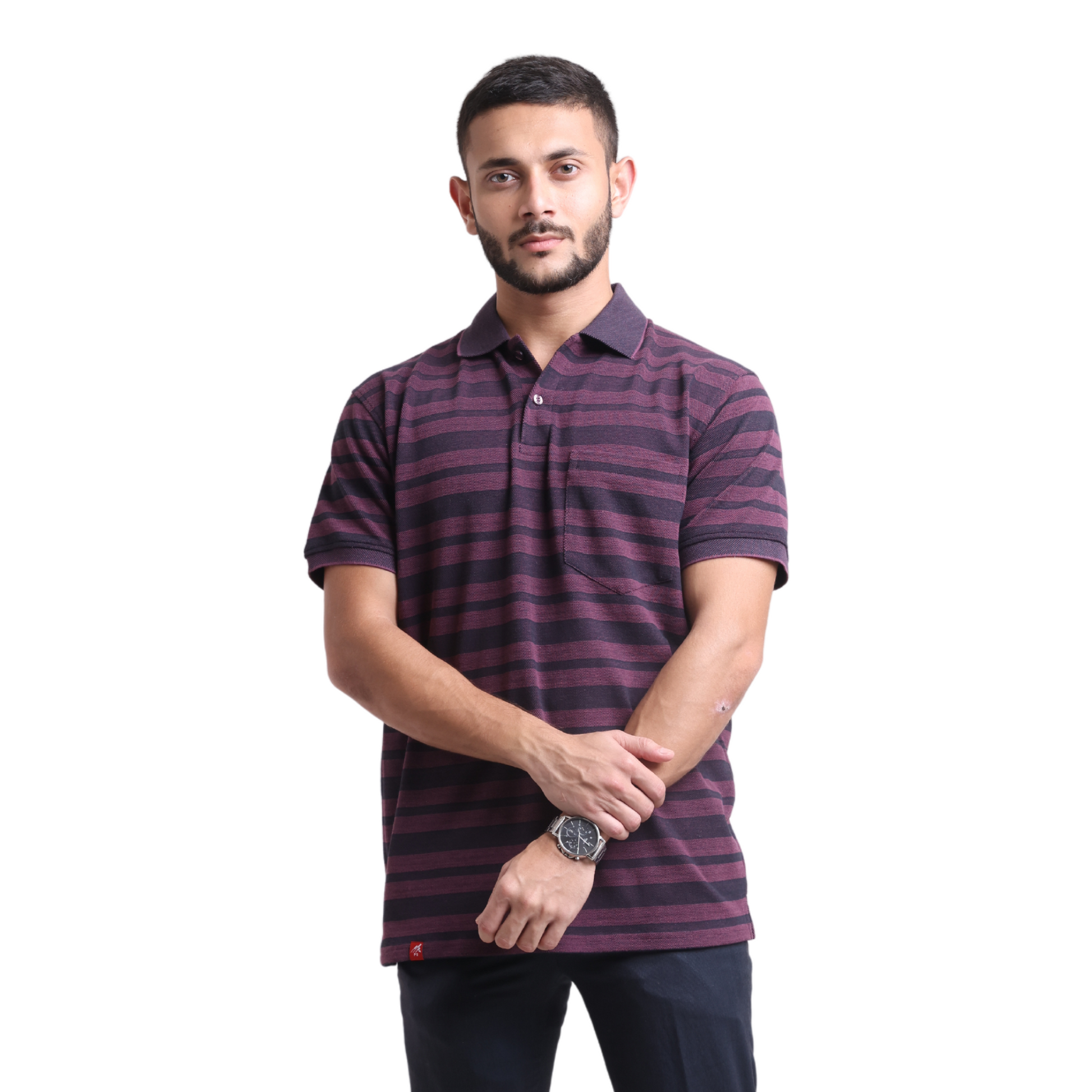 A man wearing a purple and navy striped designer polo shirt.