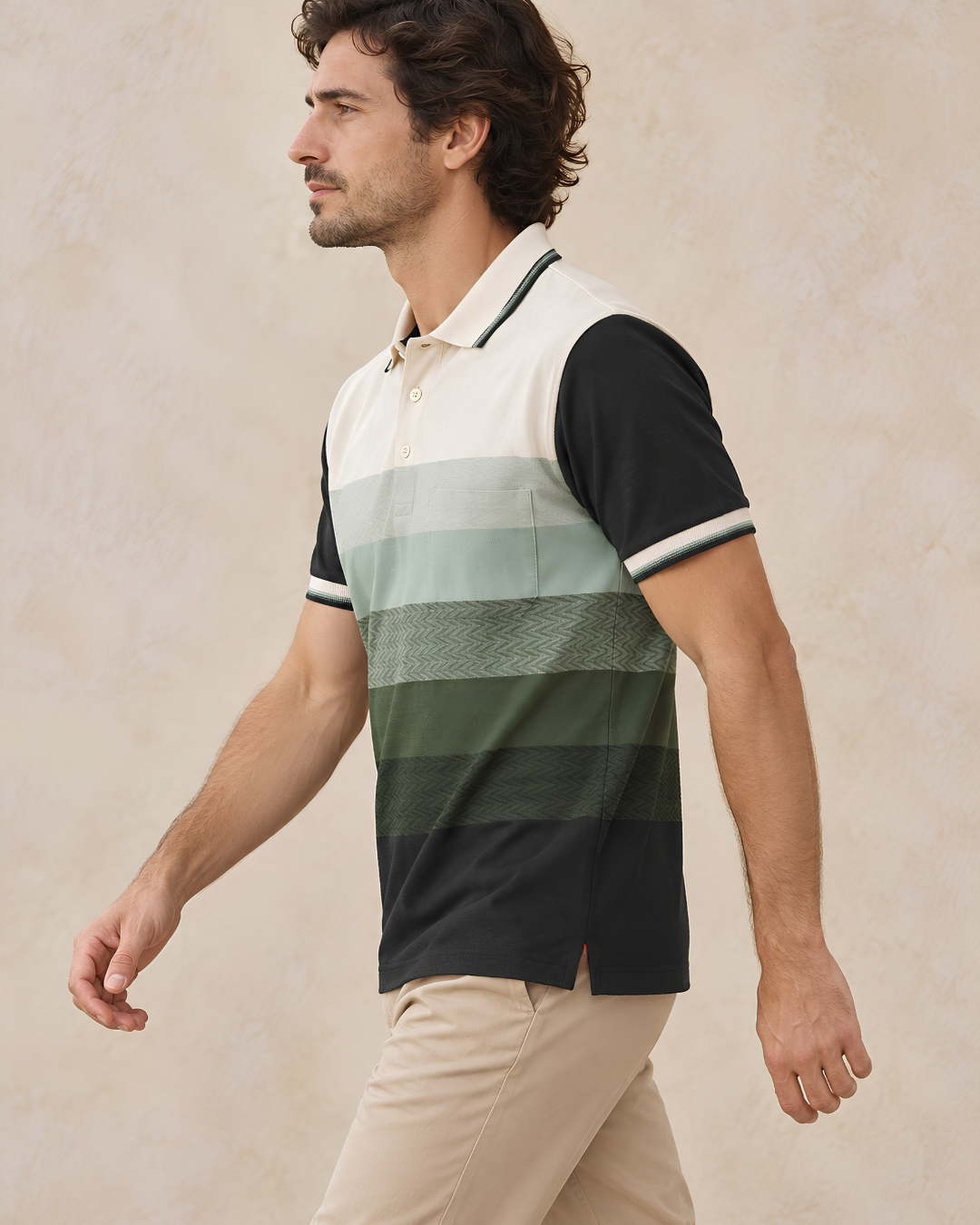 The Ombre Stripes Designer Polo in Forestry Green, side view