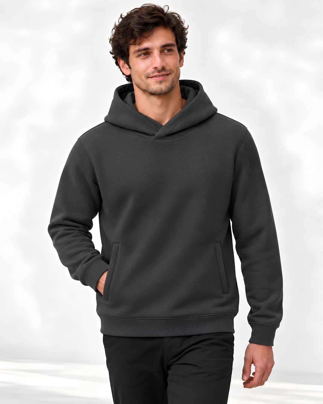 Man wearing the P3 100% cotton French terry hoodie in Iron Gate charcoal – front view
