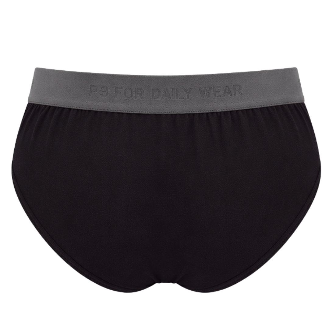 Black low-rise briefs with a gray elastic waistband featuring the debossed text ' P3 FOR DAILY WEAR'.