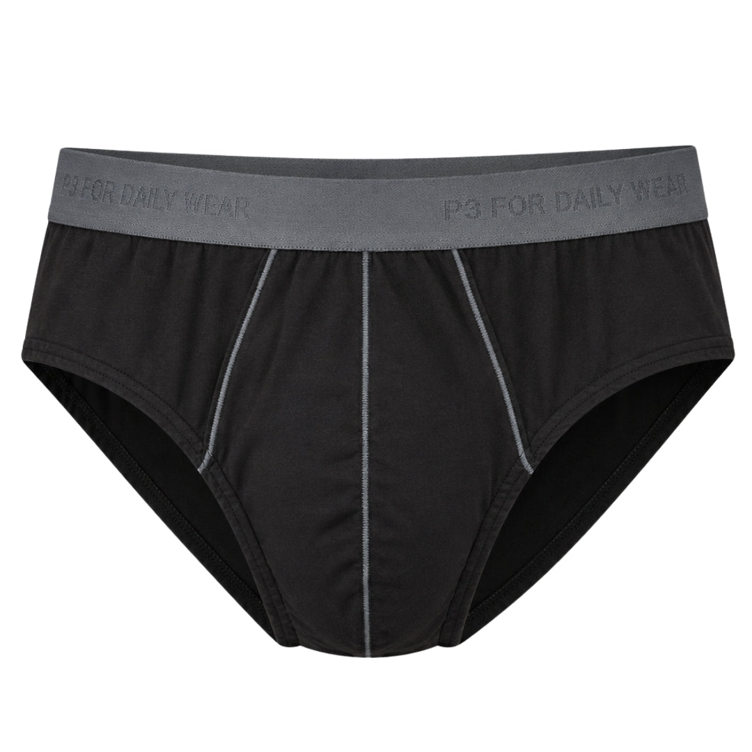 The Wood Pulp Fiber Brief in Coal Black – front view of P3 cotton-lyocell briefs with grey waistband
