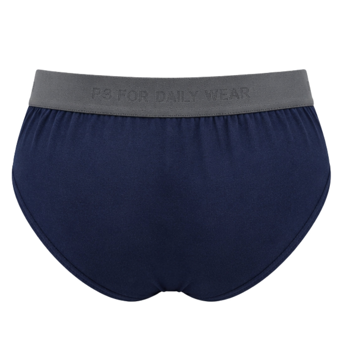 Navy blue men's briefs with a gray elastic waistband featuring the debossed text 'P3 FOR DAILY WEAR'.