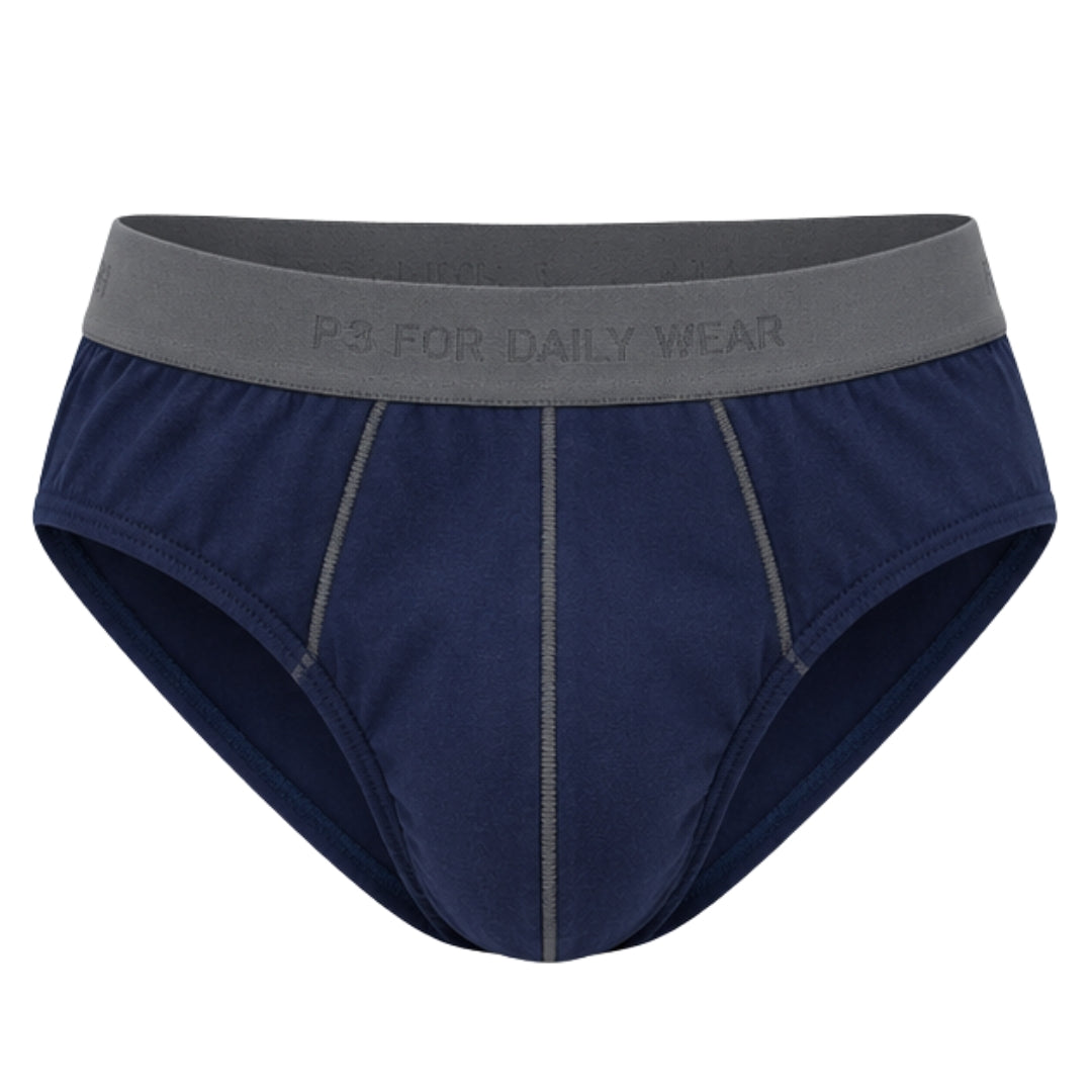 A pair of men's briefs in navy blue with a contrasting gray waistband. The waistband features the debossed text 'P3.