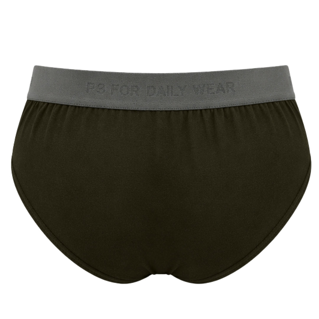 Olive green briefs with a gray elastic waistband featuring the embossed text 'P.S.