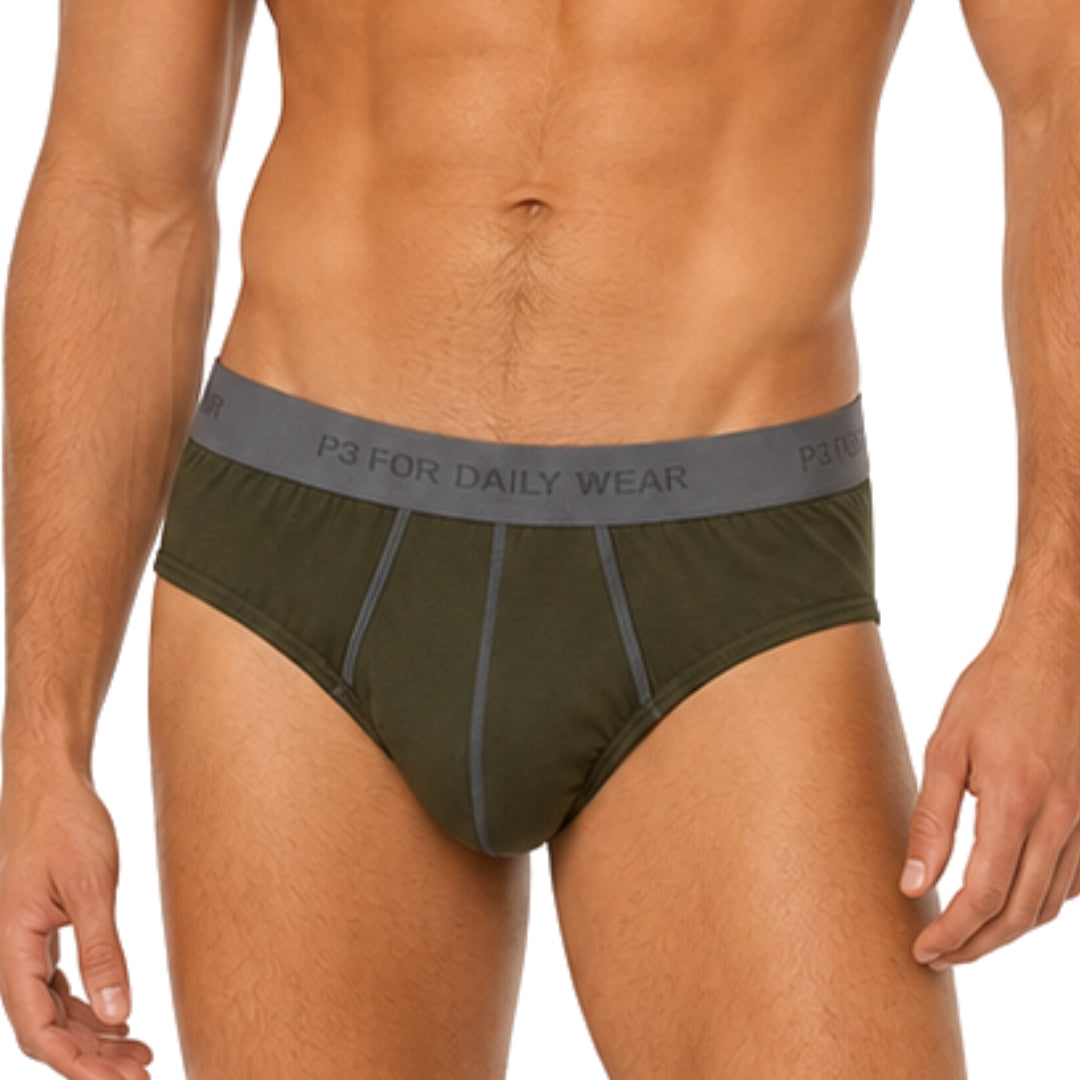 A close-up of a male model wearing olive green briefs with a gray waistband. The waistband features the text 'P3 FOR DAILY WEAR' in white.