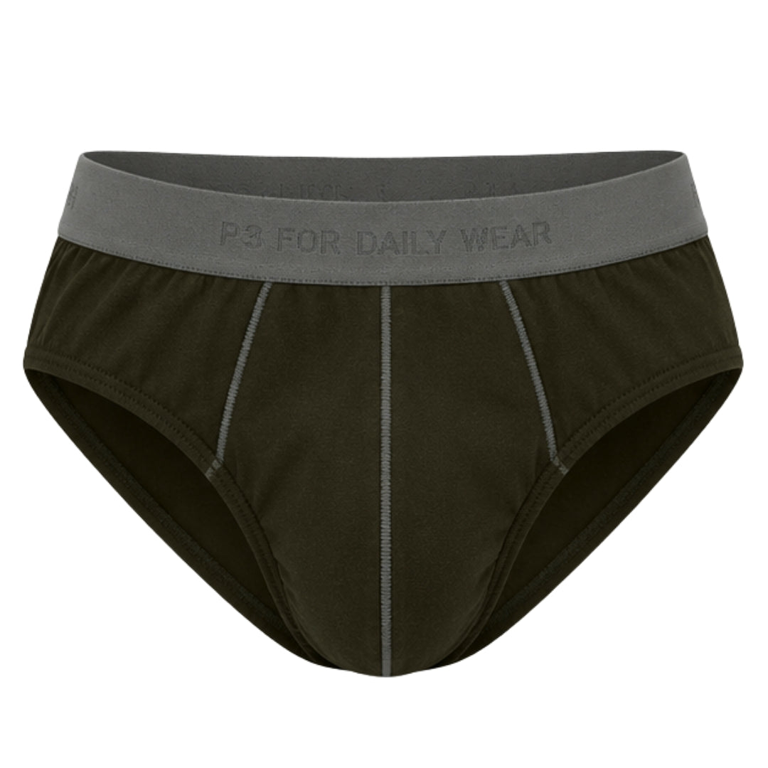 Men's low-rise briefs in dark olive green with a contrasting gray waistband. The waistband features the debossed brand name 'P3 FOR DAILY WEAR'.