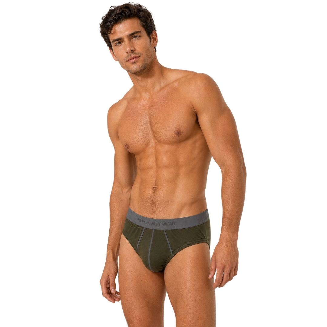 The Wood Pulp Fiber Brief in Olive Grove – close-up of P3 cotton-lyocell briefs with grey waistband