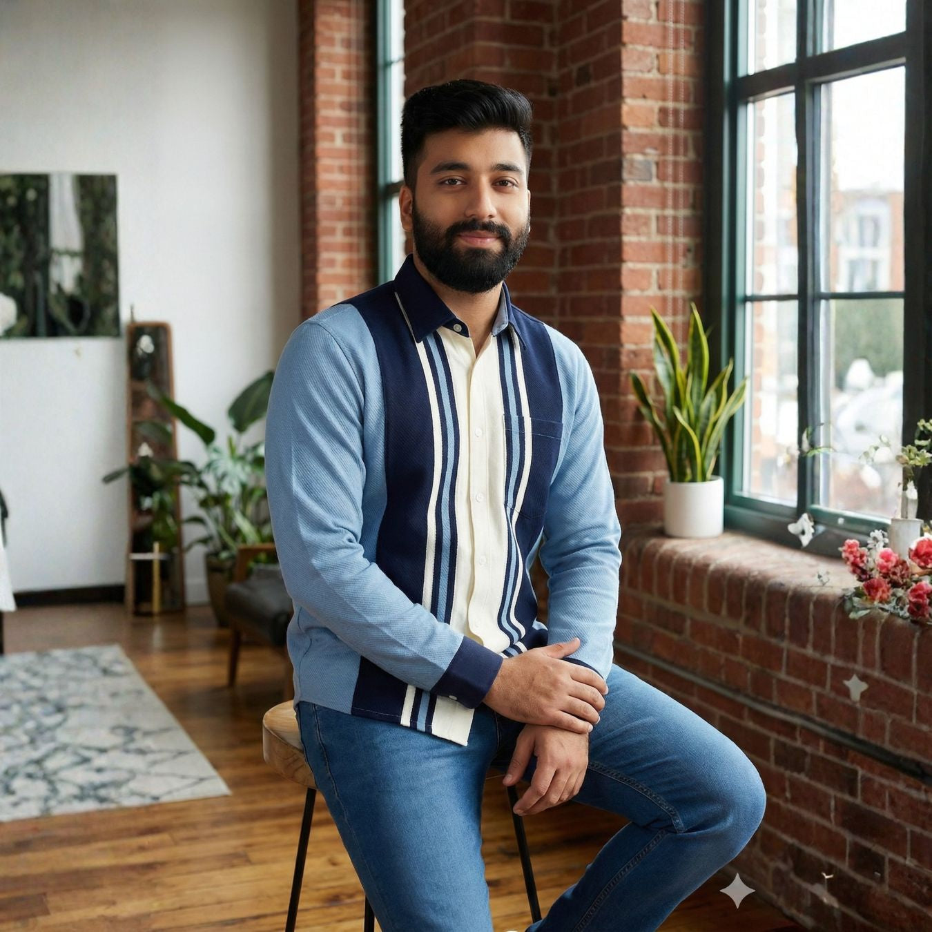 The Retro Lane Panel Front Open Long Sleeved Knit Shirt