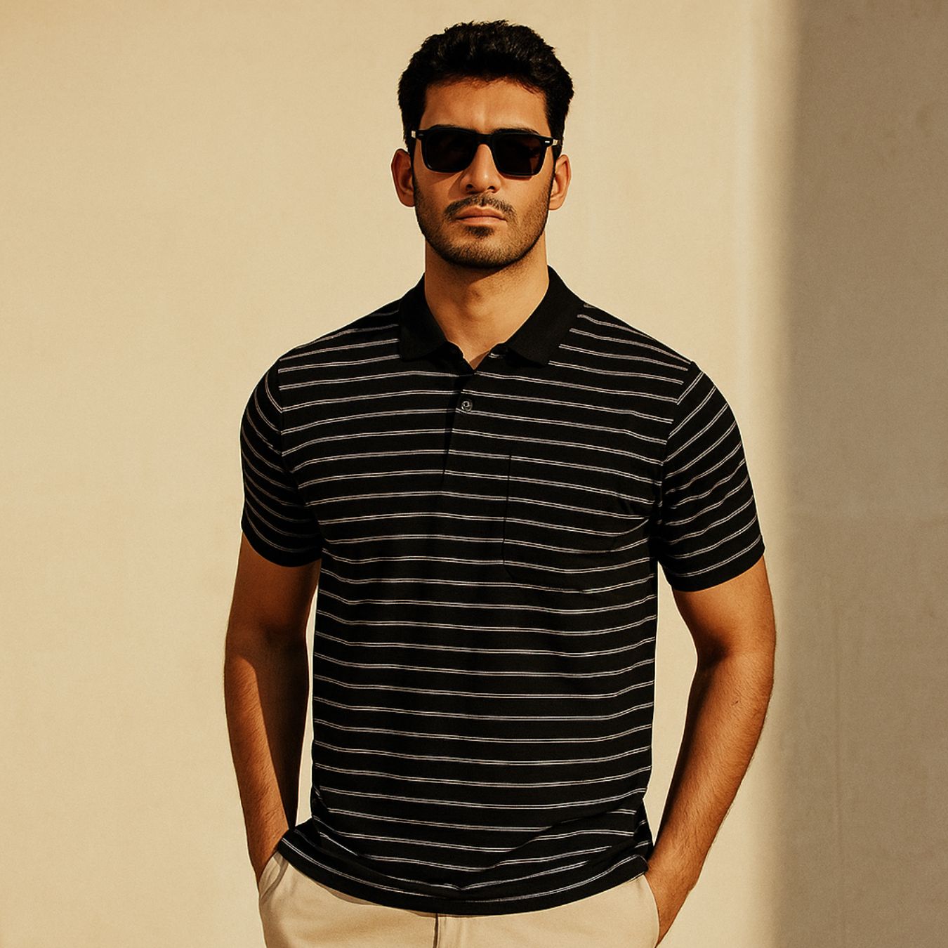 Man wearing a black and white striped polo shirt against a beige background