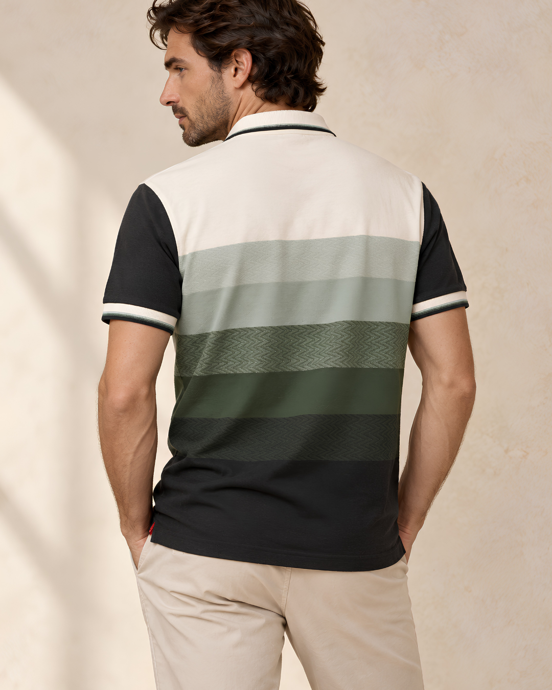 The Ombre Stripes Designer Polo in Forestry Green, back view
