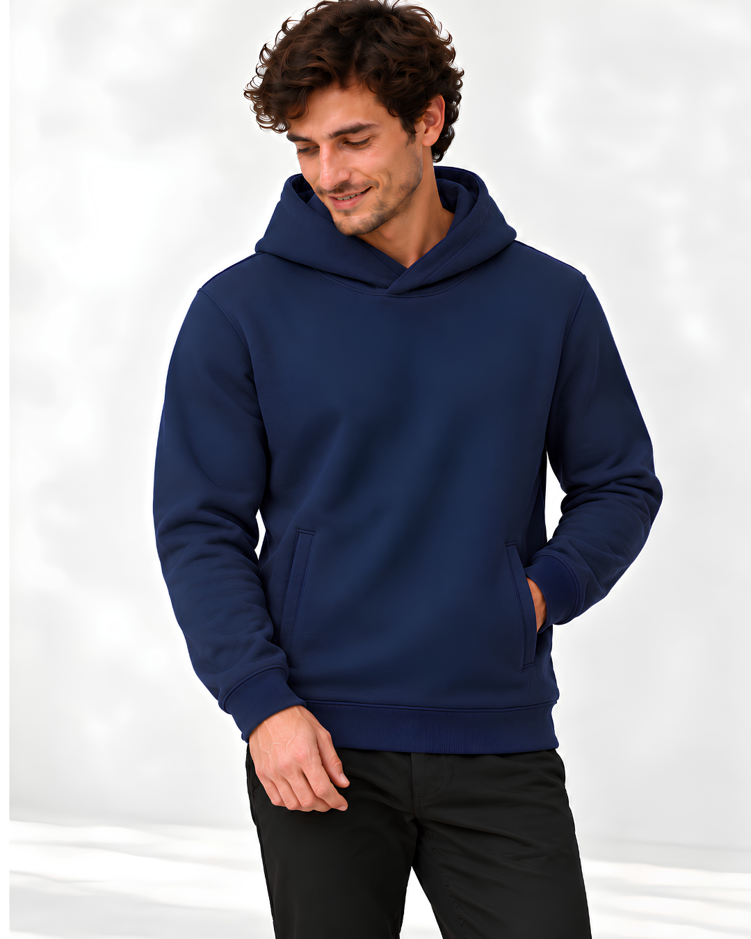 Man wearing the P3 100% cotton French terry hoodie in Ocean Depth navy – front view