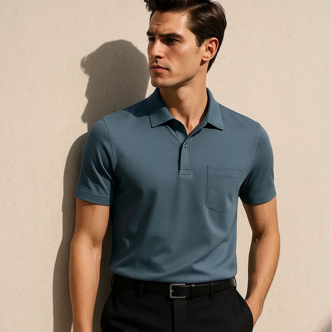 Man wearing a blue polo shirt against a beige wall