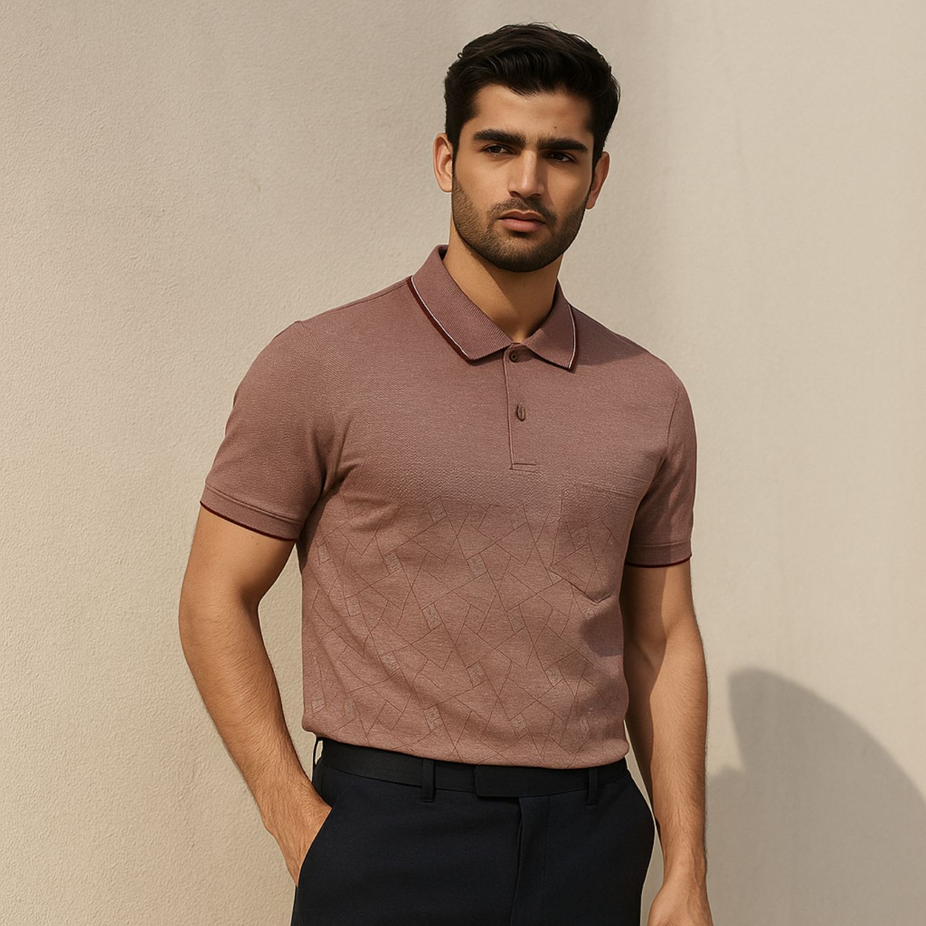 Man wearing a brown polo shirt against a beige background