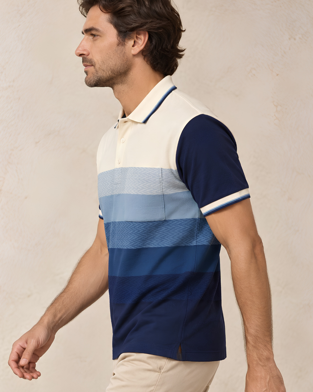 The Ombre Stripes Designer Polo in Saturn Blue, side view