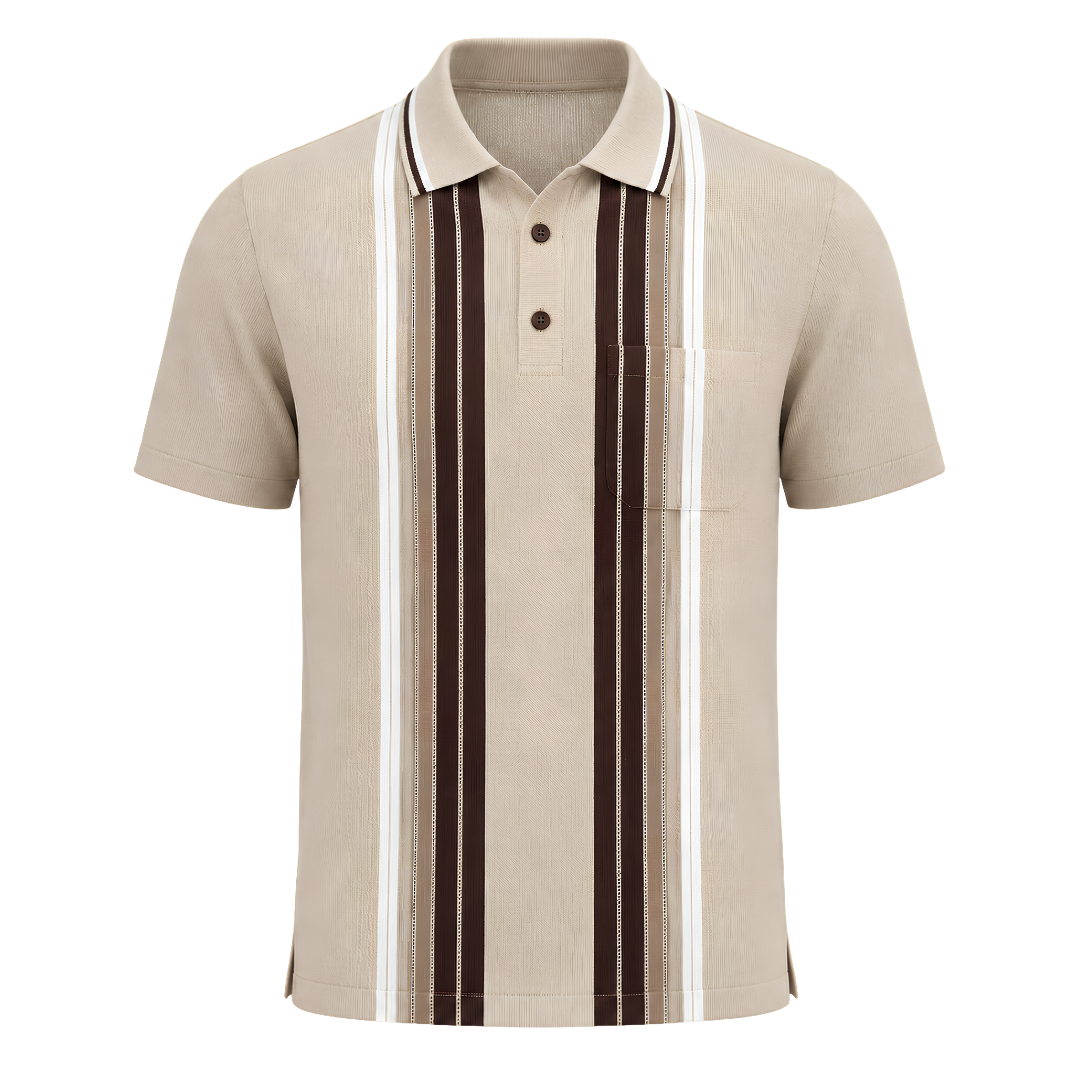 P3 Arrowhead Vertical Stripes designer polo in Desert Mocha, product shot of the three-colour vertical arrowhead stripe pattern