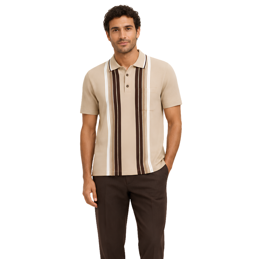 Man wearing P3 Arrowhead Vertical Stripes designer polo in Desert Mocha, three-colour vertical arrowhead stripe design, front view