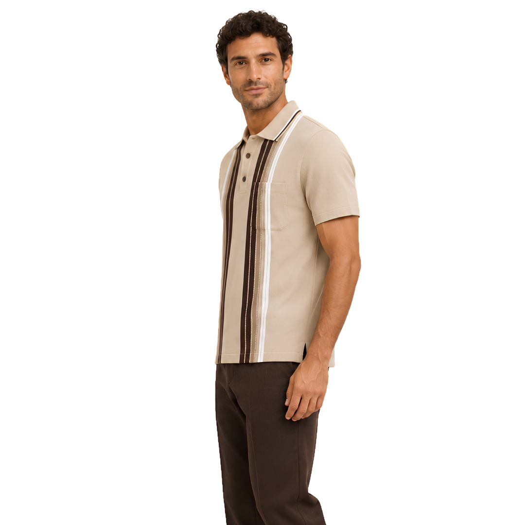 Side view of P3 Arrowhead Vertical Stripes polo in Desert Mocha, showing self-Jacquard stripes and contrast collar tipping