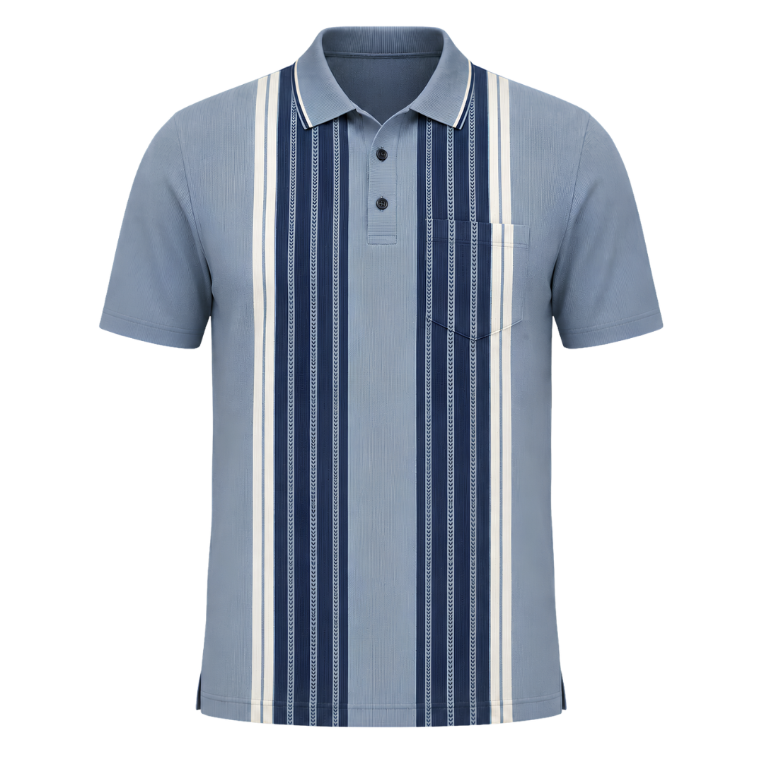 P3 Arrowhead Vertical Stripes designer polo in Harbour Mist, product shot of the three-colour vertical arrowhead stripe pattern