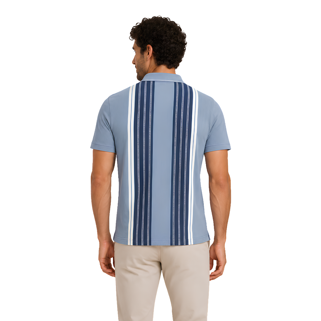 A man viewed from the back wearing a light blue short-sleeve polo shirt with vertical navy and white stripes, paired with beige pants, against a plain white background.