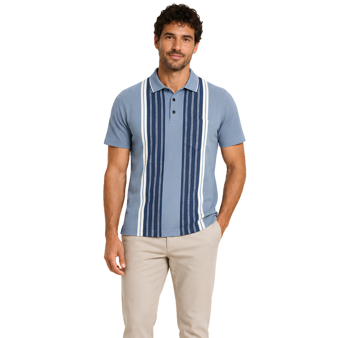 Man wearing P3 Arrowhead Vertical Stripes designer polo in Harbour Mist, three-colour vertical arrowhead stripe design, front view