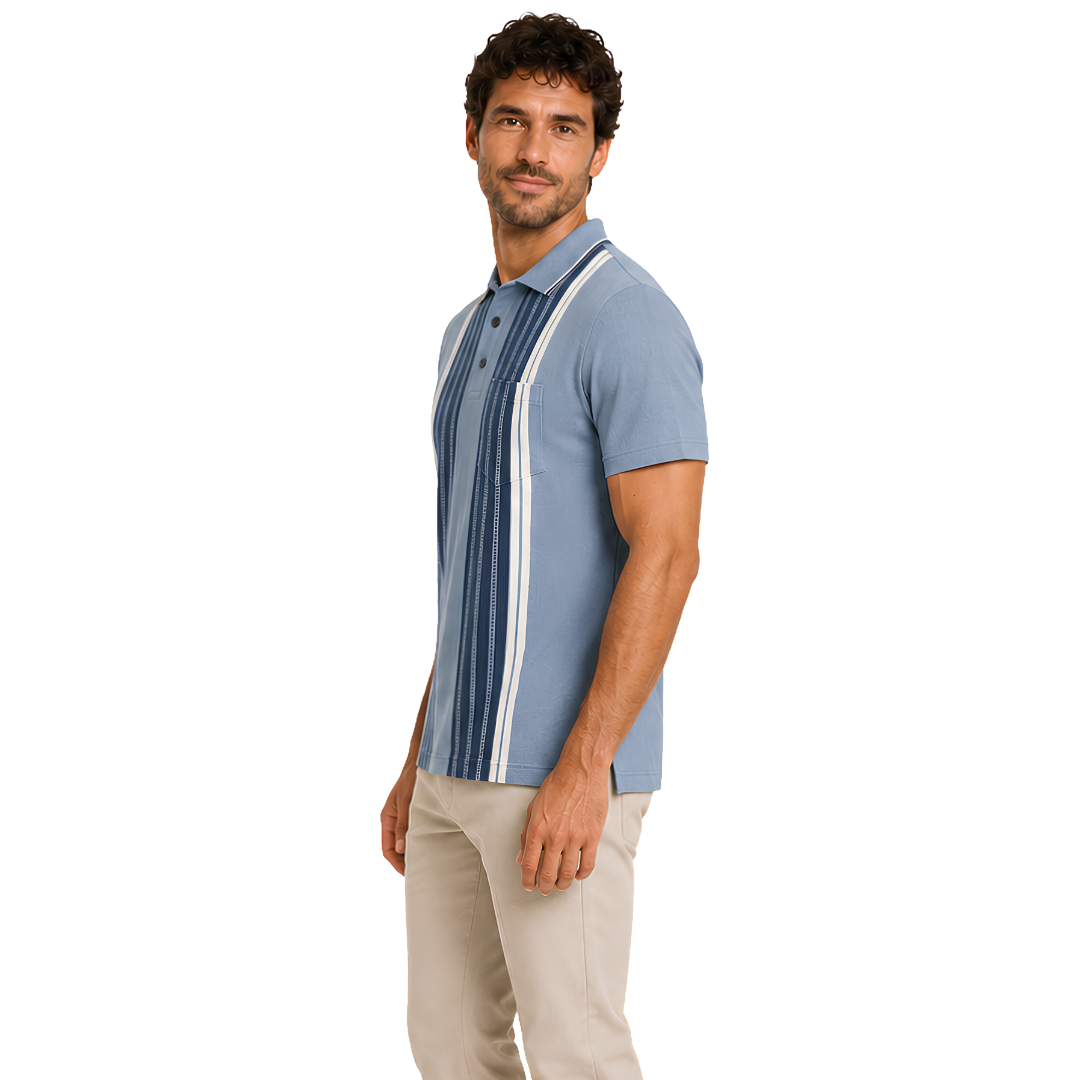 Side view of P3 Arrowhead Vertical Stripes polo in Harbour Mist, showing self-Jacquard stripes and contrast collar tipping