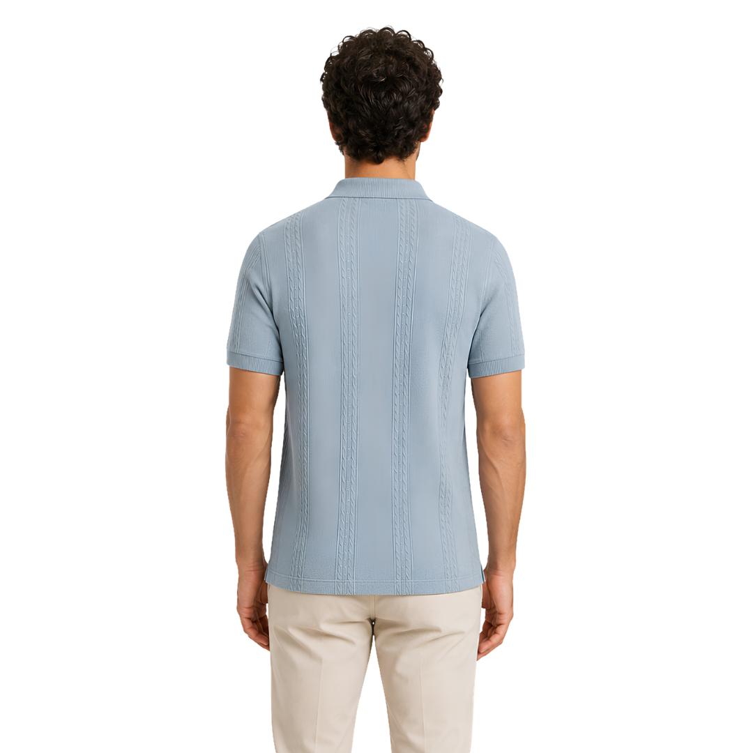 Male model wearing Arctic Haze Vertigo Vertical Designer Polo, back view