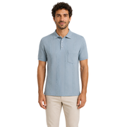 Male model wearing Arctic Haze Vertigo Vertical Designer Polo, front view