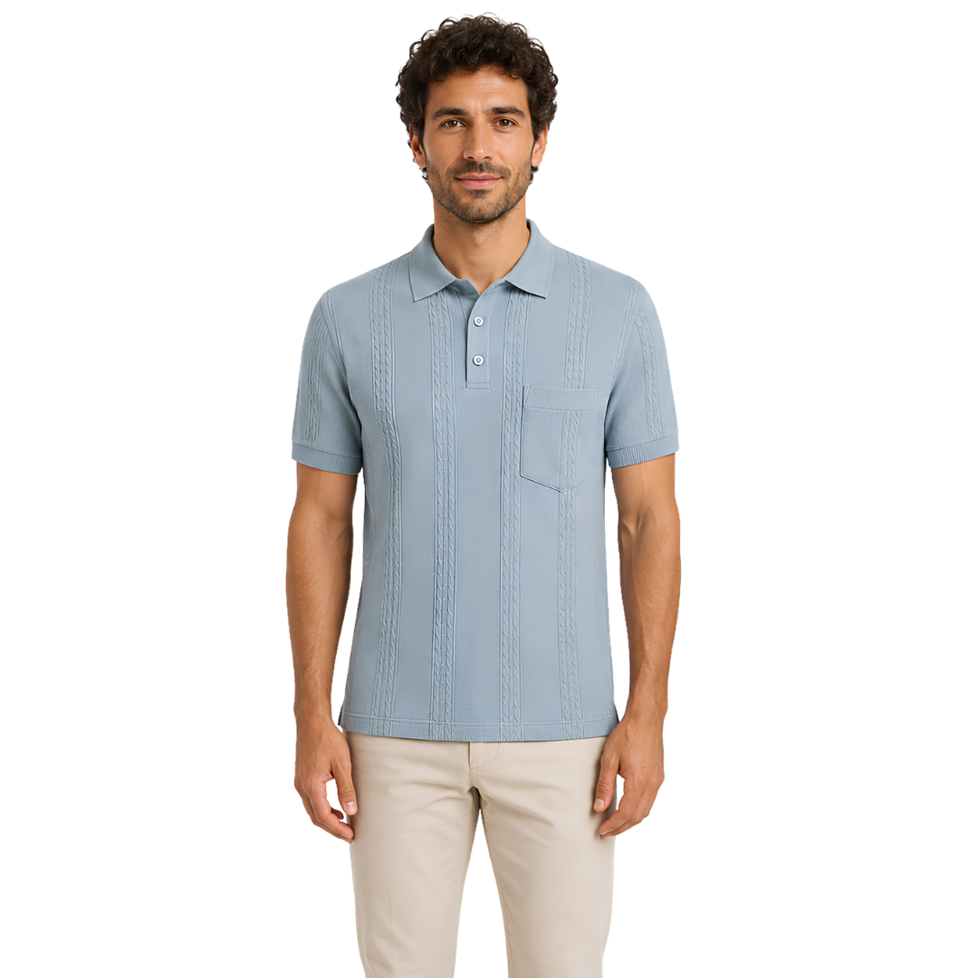 Male model wearing Arctic Haze Vertigo Vertical Designer Polo, front view