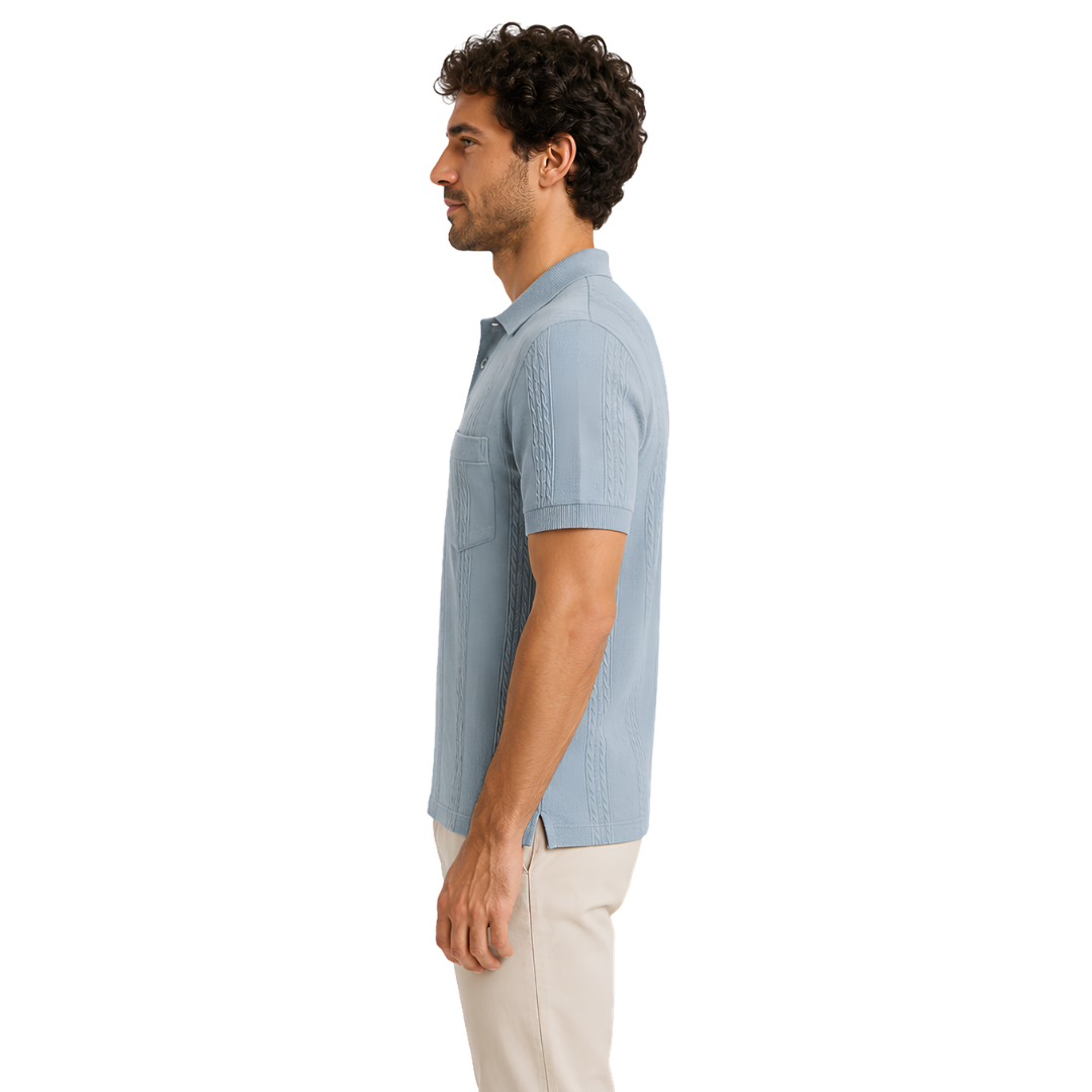 Male model wearing Arctic Haze Vertigo Vertical Designer Polo, side view