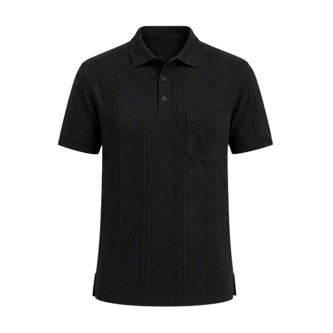 Obsidian Black Vertigo Vertical Designer Polo in self jacquard knit, product close-up