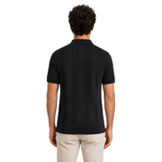 Male model wearing Obsidian Black Vertigo Vertical Designer Polo, back view