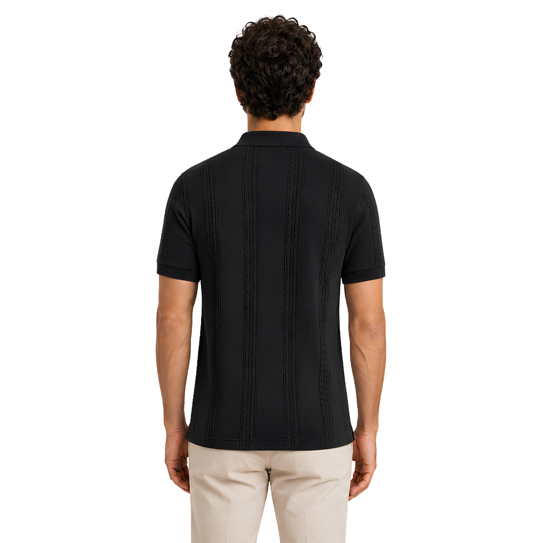 Male model wearing Obsidian Black Vertigo Vertical Designer Polo, back view
